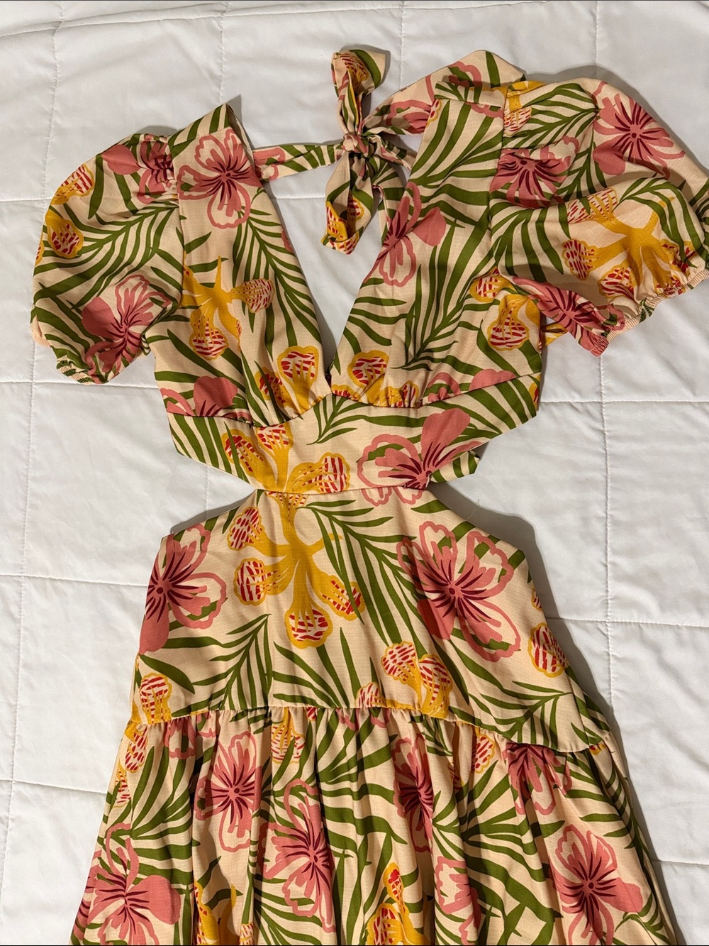 Floral Cutout Midi Dress in Pink and Green